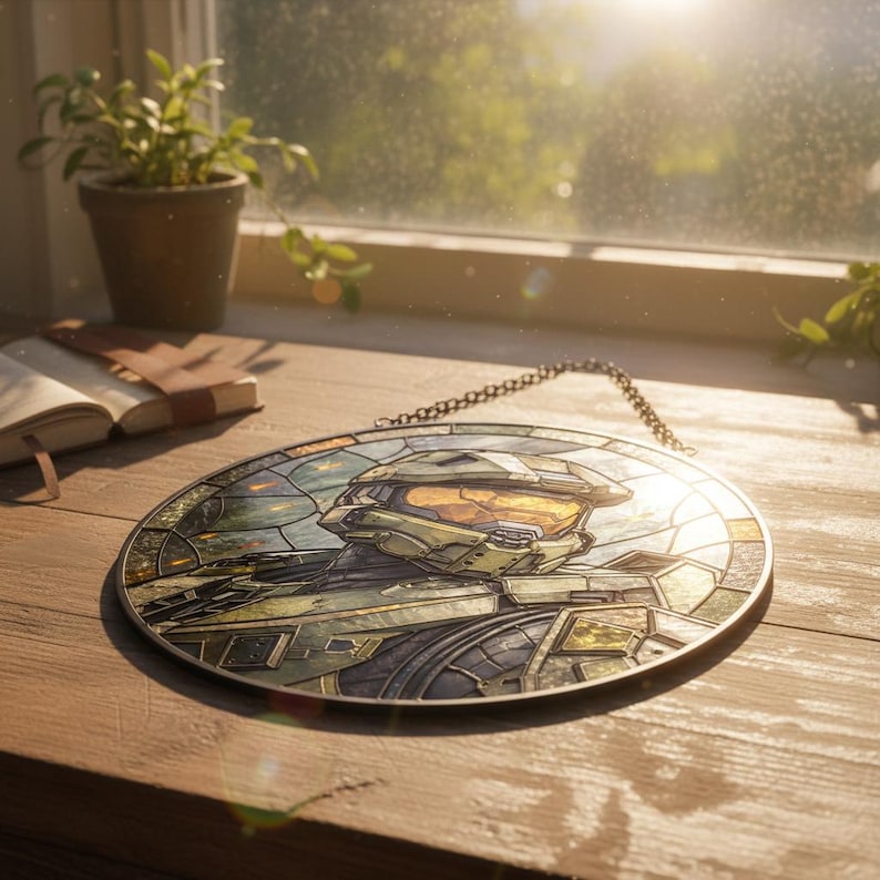 May include: Circular stained glass artwork depicting a character from the Halo video game series. The design features the character's helmet and armour in green, gold, and grey, with a chain for hanging. The artwork is approximately 20 cm in diameter.