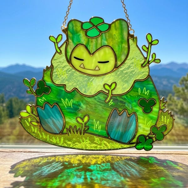 Poko..pia Snorlax hars suncatcher, fanart raam hangend, groene natuur gamer cadeau, kawaii decor kinderkamer