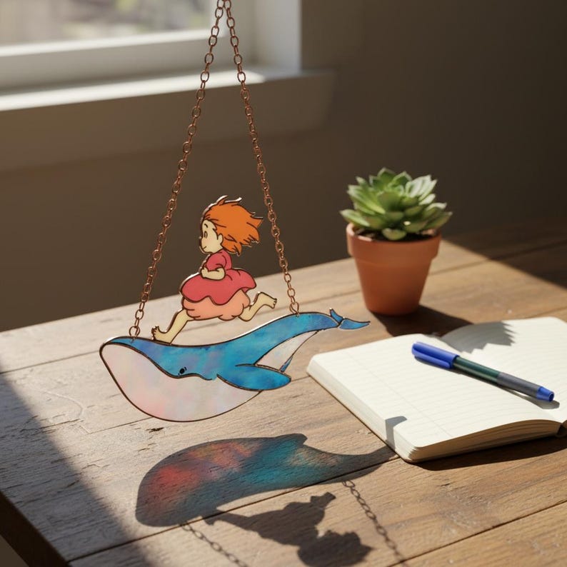 May include: A stained glass suncatcher featuring a girl running on a blue whale, suspended by a copper chain. The girl wears a pink dress and has orange hair. A succulent in a terracotta pot and a notebook with a pen are in the background.
