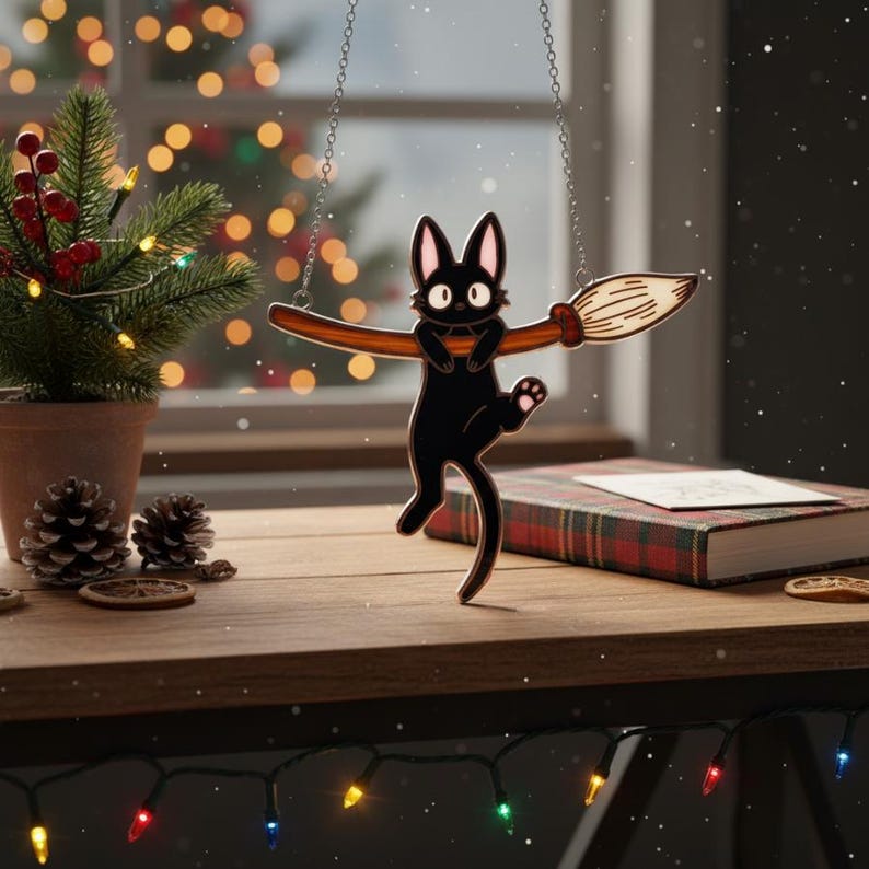May include: A black cat-shaped suncatcher hanging from a chain, holding onto a broom. The cat has large eyes and ears. The broom is brown with tan bristles. The background includes a Christmas tree, fairy lights, and a book.