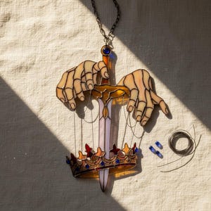 Puede incluir: Colgante de vidriera que representa una espada sostenida por dos manos, con una corona debajo. La espada tiene una empu&ntilde;adura dorada y una gema azul. La corona es dorada con detalles rojos y azules. El colgante cuelga de una cadena.