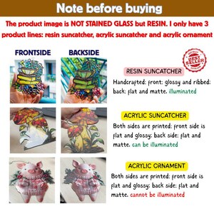 May include: Image showcasing resin suncatchers, acrylic suncatchers, and acrylic ornaments. The text reads: "Note before buying. The product image is NOT STAINED GLASS but RESIN." The image shows front and back views of each product.
