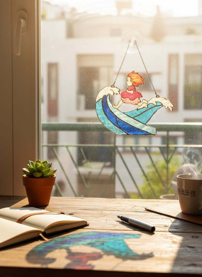 May include: A stained glass window decoration featuring a girl riding a wave. The girl wears a pink dress and has orange hair. The wave is blue and white. The decoration hangs from a suction cup on a window. A succulent in a terracotta pot sits on a wooden table.