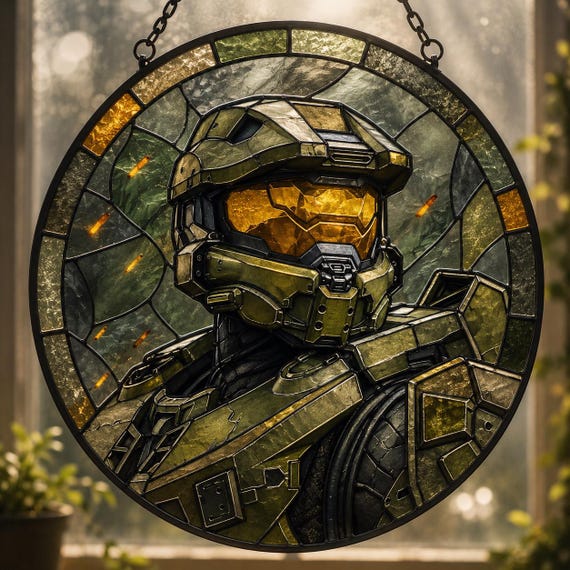 Master Chief Stained Glass Suncatcher, Halo Inspired Window Hanging, Unique Gamer Gift, Sci-Fi Video Game Art Home Decor