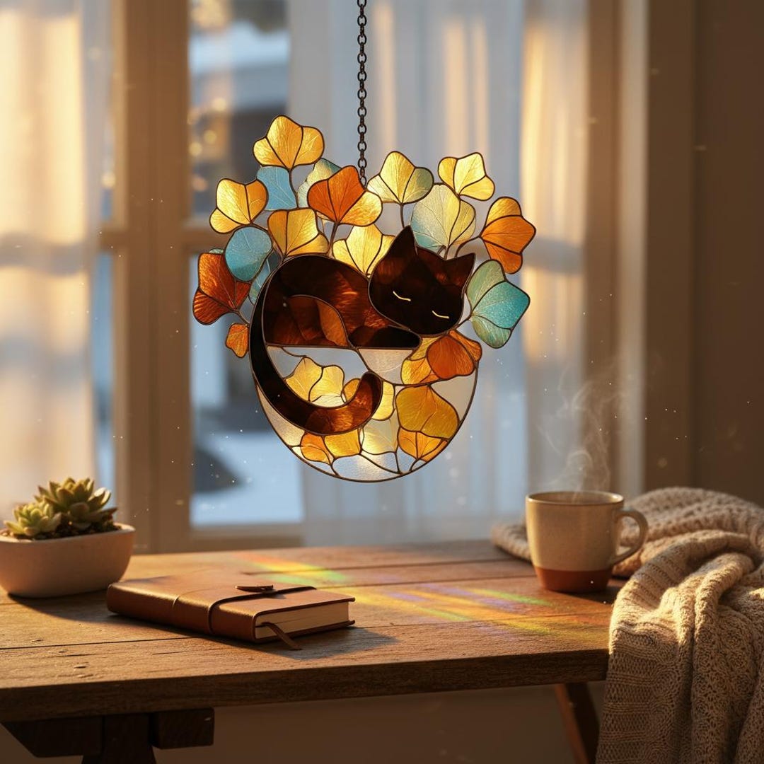 Sleeping Cat Suncatcher With Ginkgo Leaves, Faux Stained Glass Window ...
