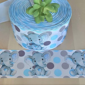 7/8" Elephant Grosgrain Ribbon – Gray Elephant with Blue Polka Dots, Baby Shower Craft Ribbon (1 Yard)