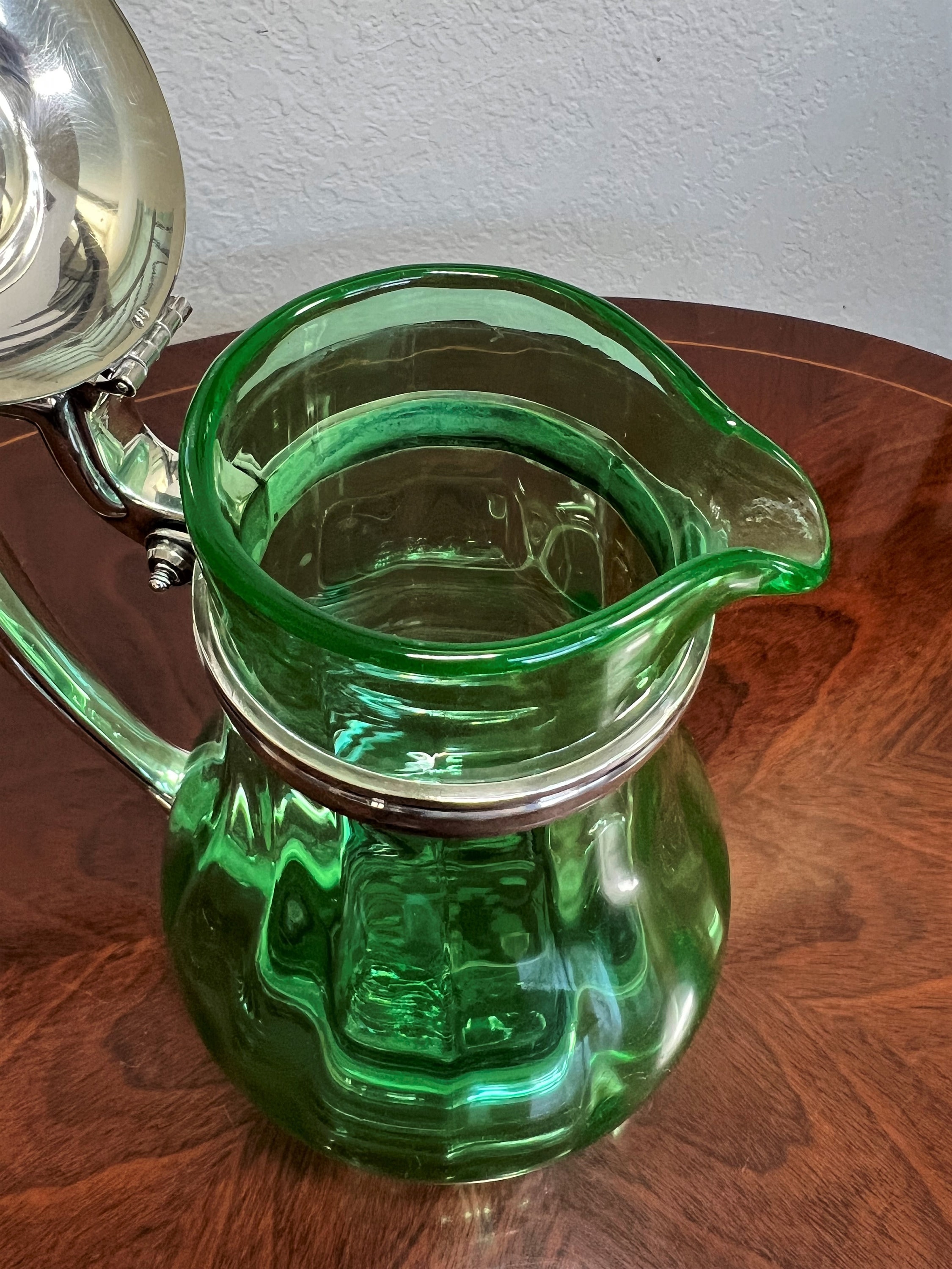 HOTEL SILVER PITCHER Green Glass and Silver Plate Water Server Etsy
