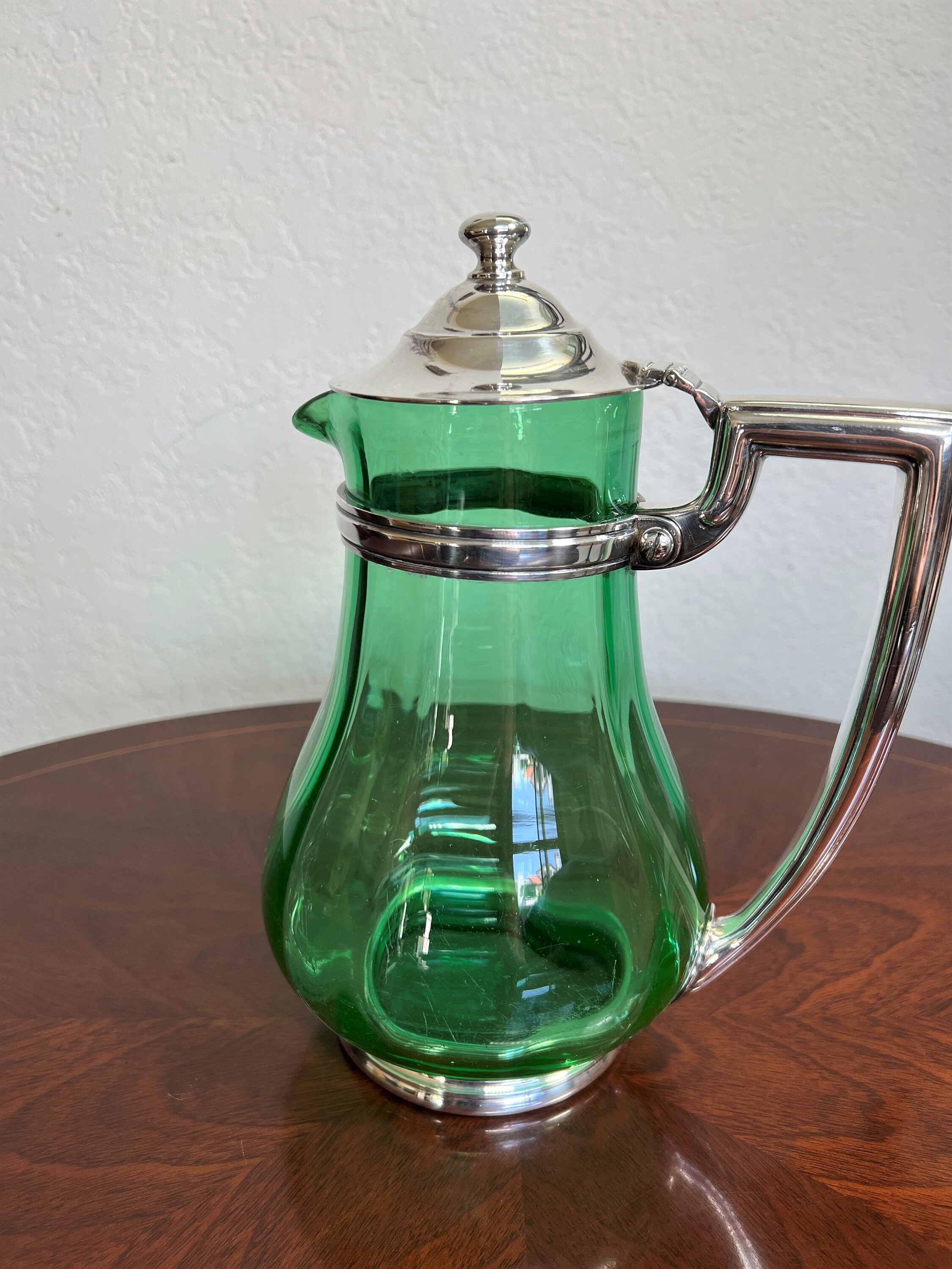 HOTEL SILVER PITCHER Green Glass and Silver Plate Water Server Etsy