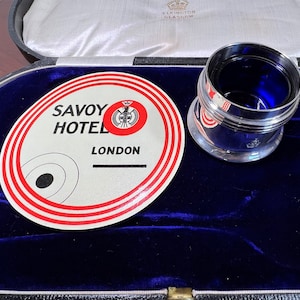 SAVOY HOTEL SILVER London England Open Salt Cellar Silverplate With Cobalt Blue Glass