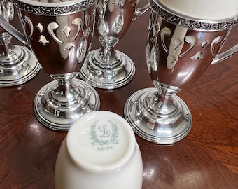 SILVER DEMITASSE CUPS Set of 4 Hotel Silver Plate Holders & Lenox China Inserts