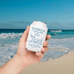 Custom Beach Bachelorette Can Cooler: Coastal Wedding Party Favors