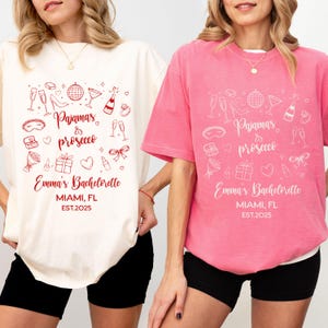 Pajamas and Prosecco Bachelorette Shirt, Custom Bride Pajama Party Tee, Spa Night Shirt for Bridal Squad, Matching Sleepover Tops