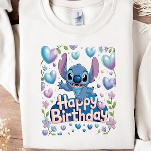 Stitch Birthday PNG – Cute Alien Happy Birthday Clipart – Blue Cartoon Character Printable for Party Decor, Cards, Sublimation