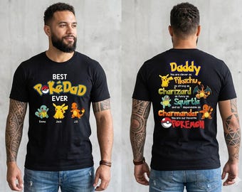 Personalisiertes bestes PokeDad aller Zeiten 2-seitiges Shirt, benutzerdefiniertes Anime Gamer Dad-T-Shirt mit Kindernamen, Vatertagsgeschenk von Kindern, GrandpaTee