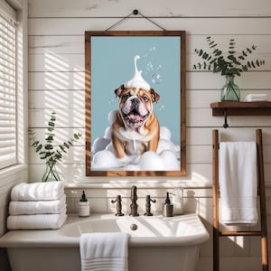Funny Bulldog Wall Art Print – Cute Dog in Bubbles with Foam Hat, Whimsical Pet Portrait Poster for Bathroom or Home Decor.