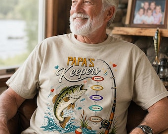 Papas Bewahrer Angeln Shirt, personalisiertes Enkelkind Namen T-Shirt, benutzerdefiniertes Papa Geschenk für den Vatertag, Opa Bass Shirt