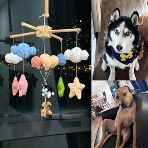 Puede incluir: Un m&oacute;vil con nubes, estrellas y dos perros de ganchillo colgados de un marco de madera. Al lado, un husky blanco y negro lleva un pa&ntilde;uelo azul con una M amarilla, y un perro marr&oacute;n est&aacute; sentado en un sof&aacute; de cuero negro.