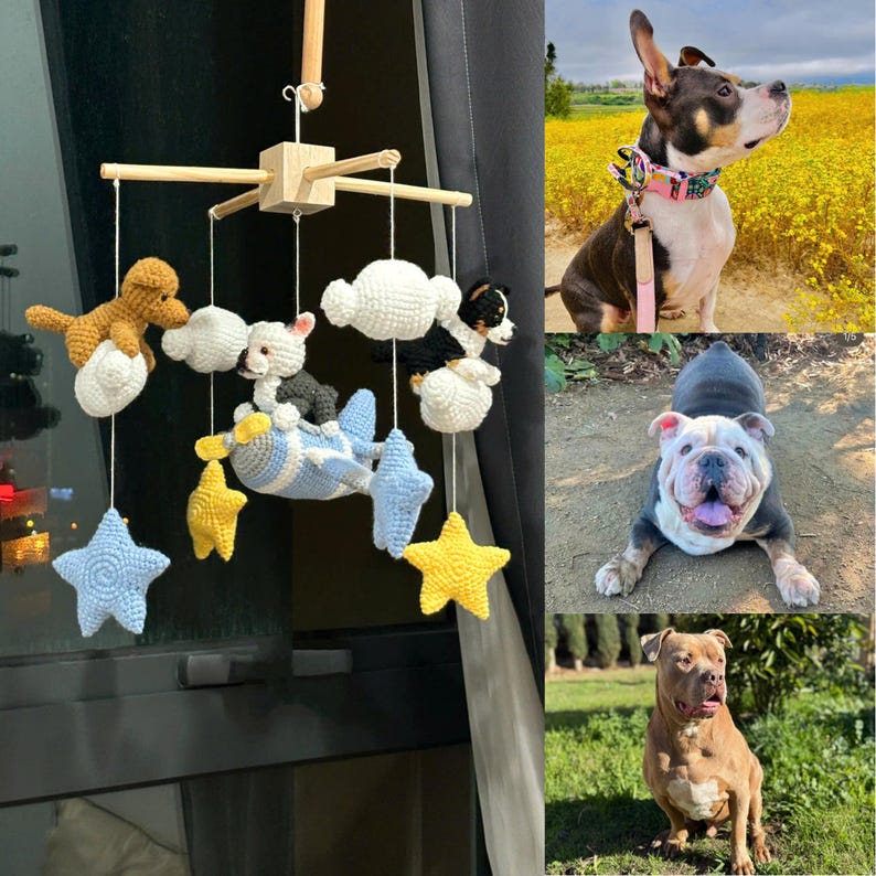 May include: A nursery mobile featuring crocheted figures of a brown dog, a black and white dog, a light blue airplane, white clouds, and yellow and blue stars suspended from a wooden frame, alongside three photographs of different dogs.