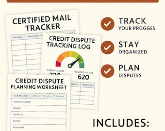 May include: Credit repair starter bundle with three printable worksheets. Includes a certified mail tracker, a credit dispute tracking log, and a credit dispute planning worksheet. The image also includes the text "Track Your Progges", "Stay Organized", and "Plan Disputes".