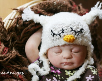 Crochet Fuzzy White Sleepy Owl Hat (Newborn)