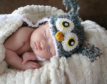 Crochet Fuzzy Blue/Brown Owl Hat (Newborn)