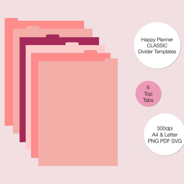 Happy Planner Classic Divider Templates / 6 Top Tab Dividers / PNG PDF SVG Plantilla / Descarga digital