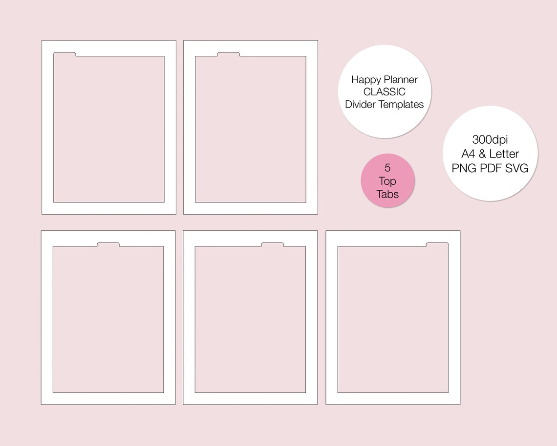 Happy Planner Classic Divider Templates 5 Top Tabs PNG PDF SVG