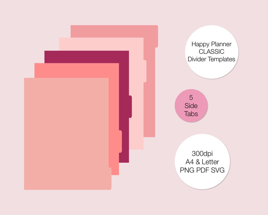 Happy Planner Classic Divider Templates 5 Side Tab Dividers PNG PDF SVG