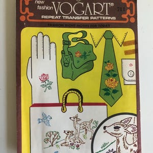 May include: Vintage Vogart repeat transfer patterns sheet. The sheet features designs for embroidery or painting, including a glove, purse, tie, and tote bag. The designs include roses, deer, and a bird. The text reads "Fashion Right Motifs for Today."