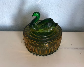 Vintage Green & Amber Glass Jar with Swan