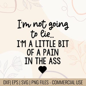 May include: A digital design with the text "I'm not going to lie... I'm a little bit of a pain in the ass" in black font. A black heart is below the text. The background is a light beige with floral accents.