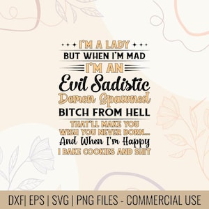 May include: A digital design with the text "I'M A LADY BUT WHEN I'M MAD I'M AN Evil Sadistic Demon Spawned BITCH FROM HELL THAT'LL MAKE YOU WISH YOU NEVER BORN... And When I'm Happy I BAKE COOKIES AND SHIT."