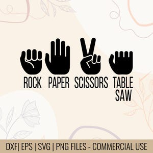 May include: Black hand silhouettes representing rock, paper, scissors, and table saw, with text below each gesture. The background is a light beige with floral and line art accents.