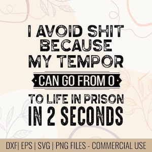 May include: A digital design with the text "I avoid shit because my tempor can go from 0 to life in prison in 2 seconds." The design is in black on a light beige background with floral accents.