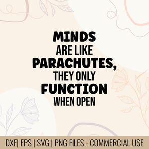 以下が含まれることがあります： 「MINDS ARE LIKE PARACHUTES, THEY ONLY FUNCTION WHEN OPEN」というテキストが黒い太字で書かれたデジタルデザイン。背景は薄いベージュで、花柄と抽象的な線画が描かれています。ファイルの種類に関する情報は下部にあります。