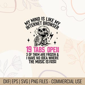 Mitt sinne är som mitt internet, surfar på 19 flikar öppna, 3 av dem är frusna och jag har ingen aning om var musiken kommer ifrån. Tröja och muggdesign. bild 1