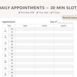Könnte beinhalten: Ausdruckbares PDF-Tagesblatt für Termine im Hochformat, konzipiert für 30-Minuten-Slots von 7 bis 20 Uhr. Es enthält Abschnitte für Zeit, Name, Telefon und Service.