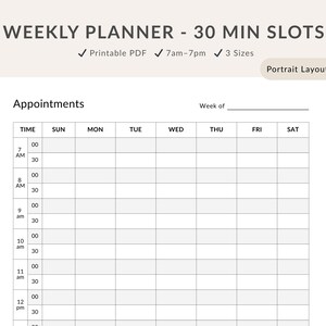 Weekly Appointment Planner with 30 Minute Slots (PDF Download, US Letter/A4/A5 Sizes)