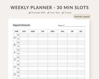 Weekly Appointment Planner with 30 Minute Slots (PDF Download, US Letter/A4/A5 Sizes)
