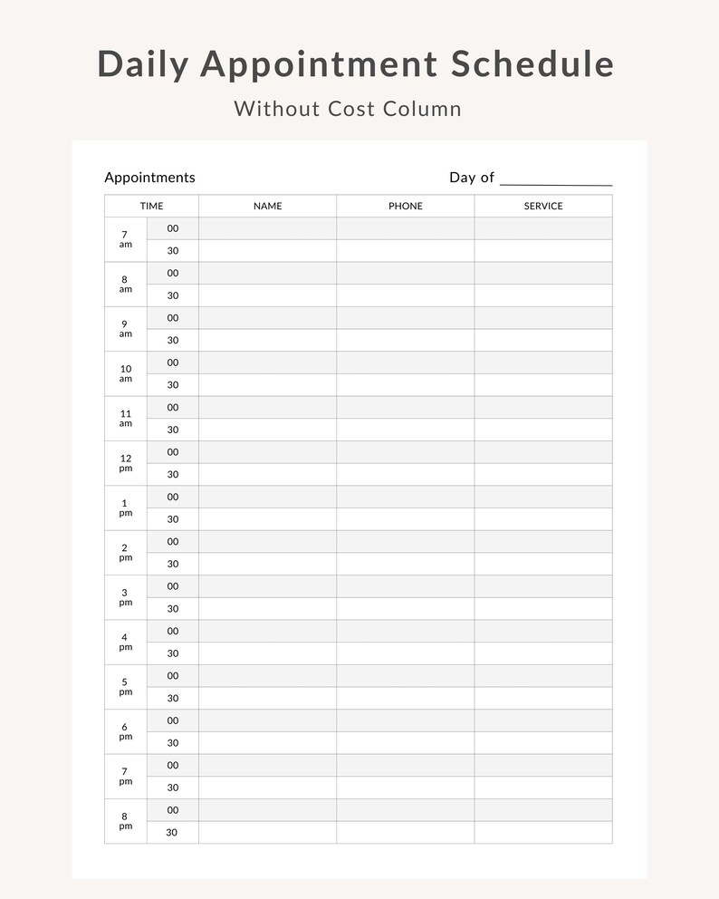 Daily Appointment Schedule Printable: 30-minute Slots (PDF Download) - Etsy