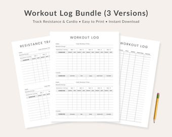 Workout Log Bundle Printable, Track Cardio & Resistance Training, 3 Versions + 4 Sizes, PDF Download