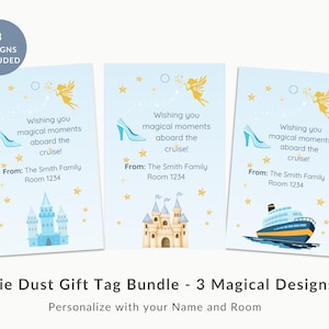 Op de afbeelding: Een bundel van drie lichtblauwe cadeaulabels met sprookjesontwerpen. Elk label toont een pumps, een fee en de tekst "Wishing you magical moments aboard the cruise!" en "From: The Smith Family Room 1234".