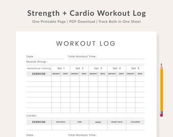 Strength + Cardio Workout Log Printable – Fitness Tracker PDF – One Page Workout Sheet – Instant Download