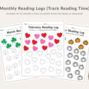 Afdrukbaar logboek voor 12 maanden voor kinderen: leesminuten bijhouden, maandelijkse pdf met seizoenspictogrammen, leuke tijdgebaseerde tracker voor thuis of in de klas
