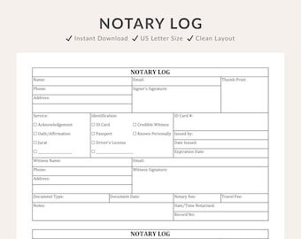 Notary Log Sheet Printable: US Letter Size Template (Instant Download PDF)