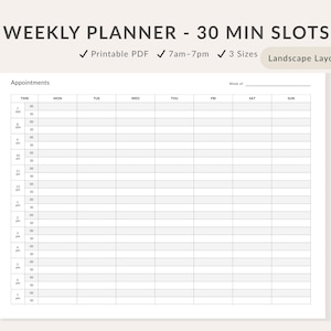 Weekly Appointment Planner: 30-Minute Slots, Undated (PDF Download)