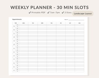 Weekly Appointment Planner: 30-Minute Slots, Undated (PDF Download)