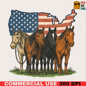 Sublimación de caballo patriótico PNG – Mapa de EE. UU. con caballos para el 4 de julio – Caballos con bandera estadounidense PNG, diseño de camiseta con orgullo del oeste