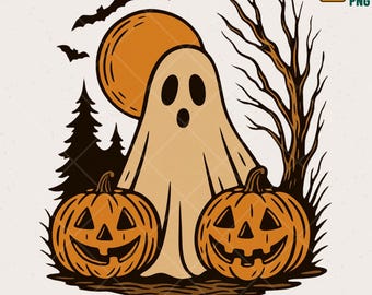 Vintage Halloween Ghost PNG | Spooky Bats, Pumpkins Clipart