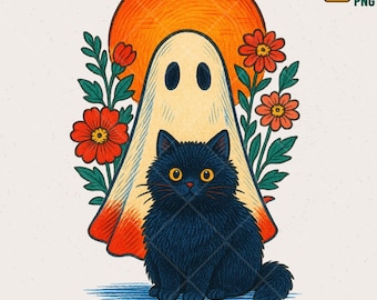 Retro Halloween PNG, Spooky Ghost and Cat Design (Digital Download)